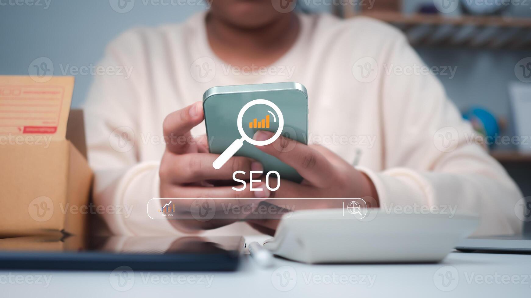 Business woman Search On Virtual Screen Data Search Technology Search Engine Optimization, She use search engine to Searching for information, Using web Console for data, SEO. photo