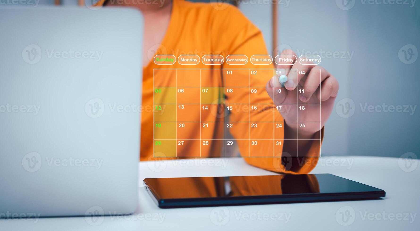 Business woman marking dates on virtual calendar, managing his business schedule, setting reminders for important appointments, creative collage for planning ideas, appointment scheduler photo