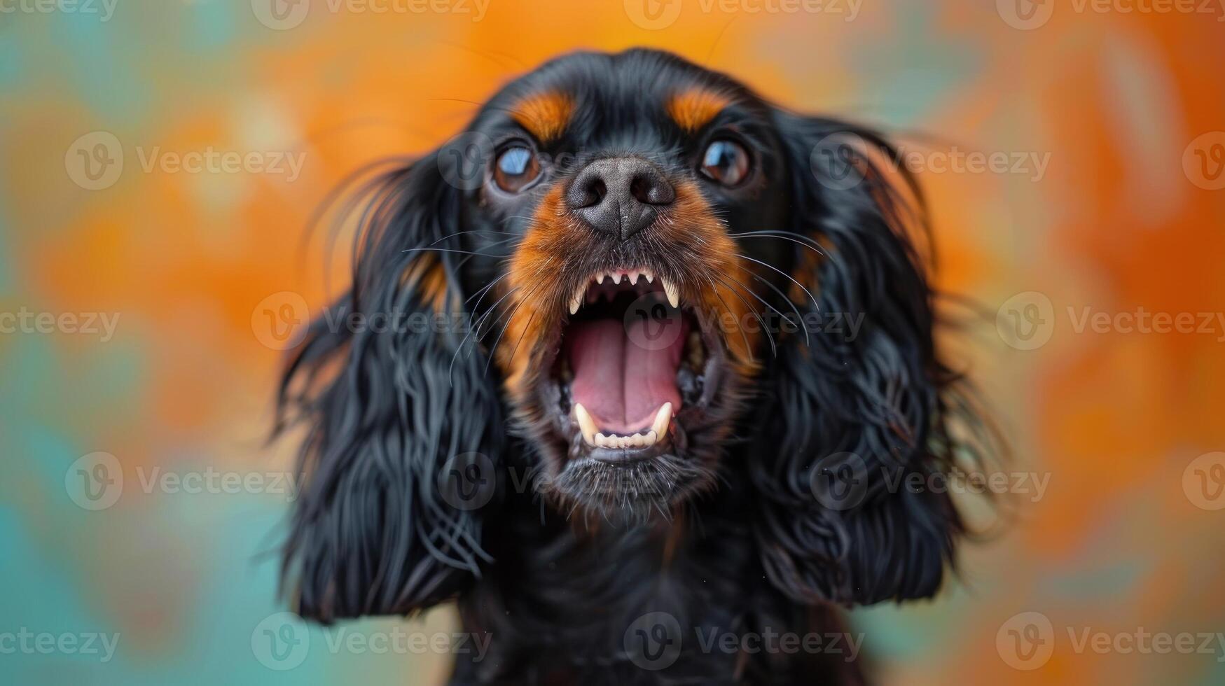 Cocker Spaniel, angry dog baring its teeth, studio lighting pastel background photo