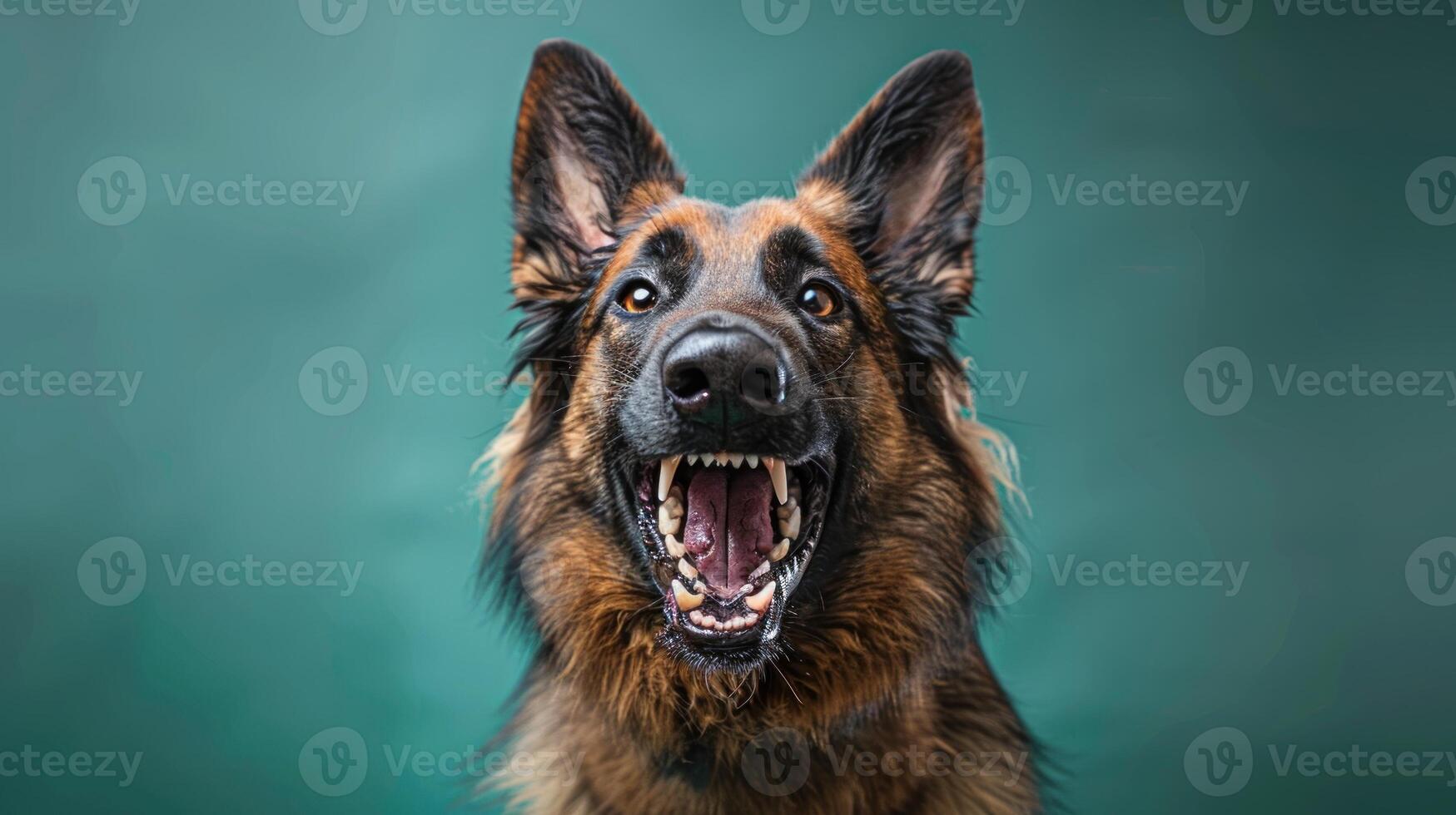 Belgian Tervuren, angry dog baring its teeth, studio lighting pastel background photo
