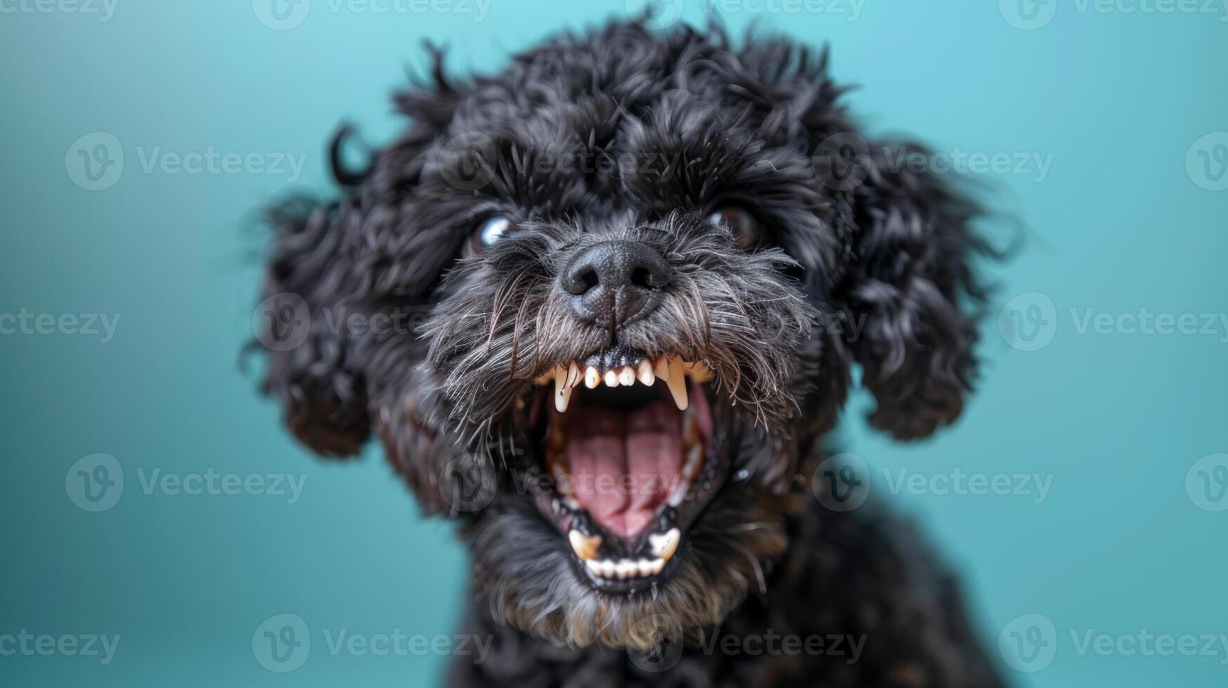 Portuguese Water Dog, angry dog baring its teeth, studio lighting pastel background photo