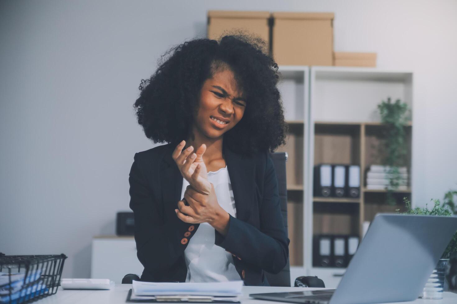 Overworked businesswoman stress from work or upset after finishing meeting. Emotional pressure, stress at work concept photo