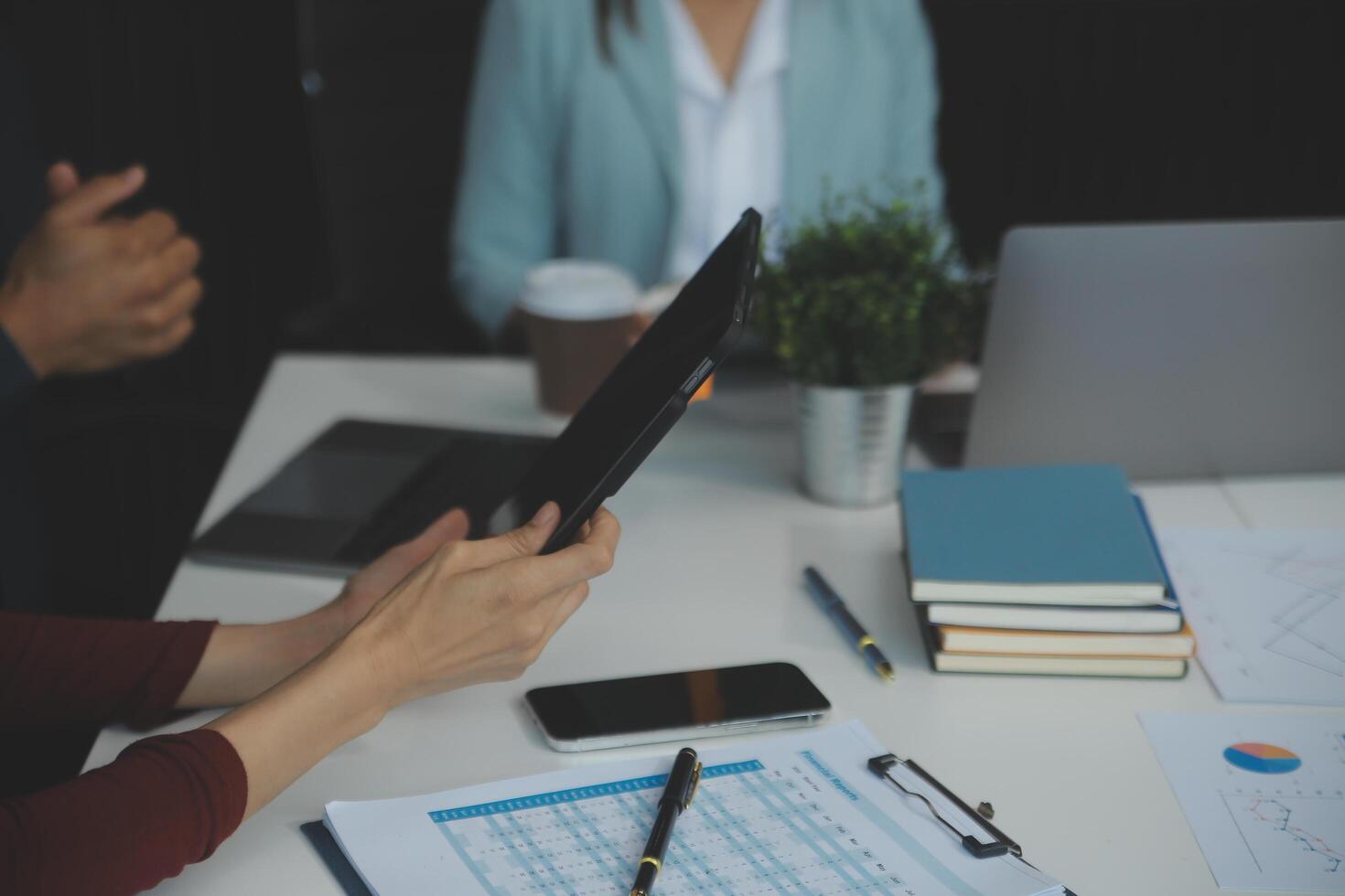 Team of business people working together in the meeting room office, teamwork background charts and graphs banner, double exposure successful teamwork,business planning concept. photo