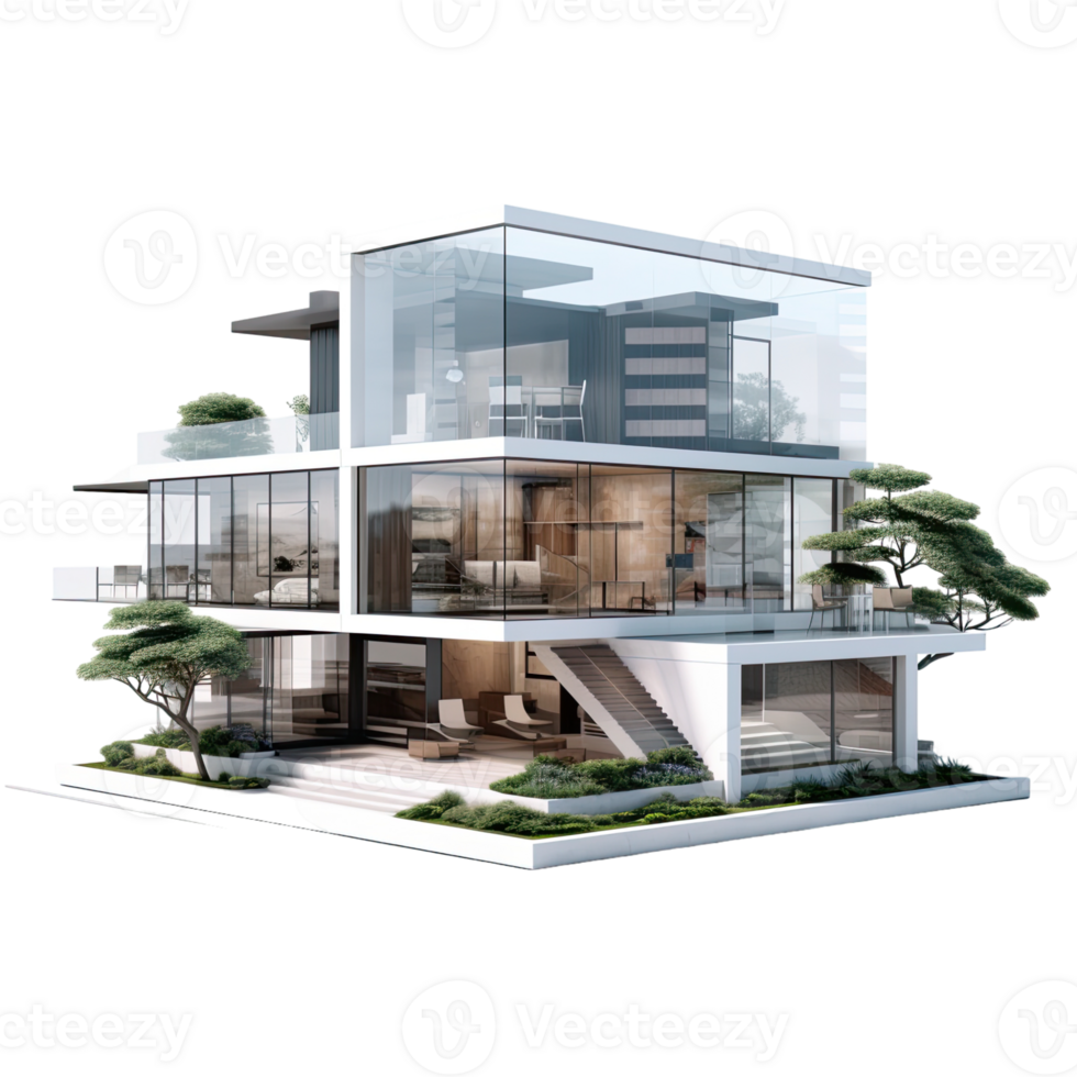 A double story house with modular design isolated on transparent background png