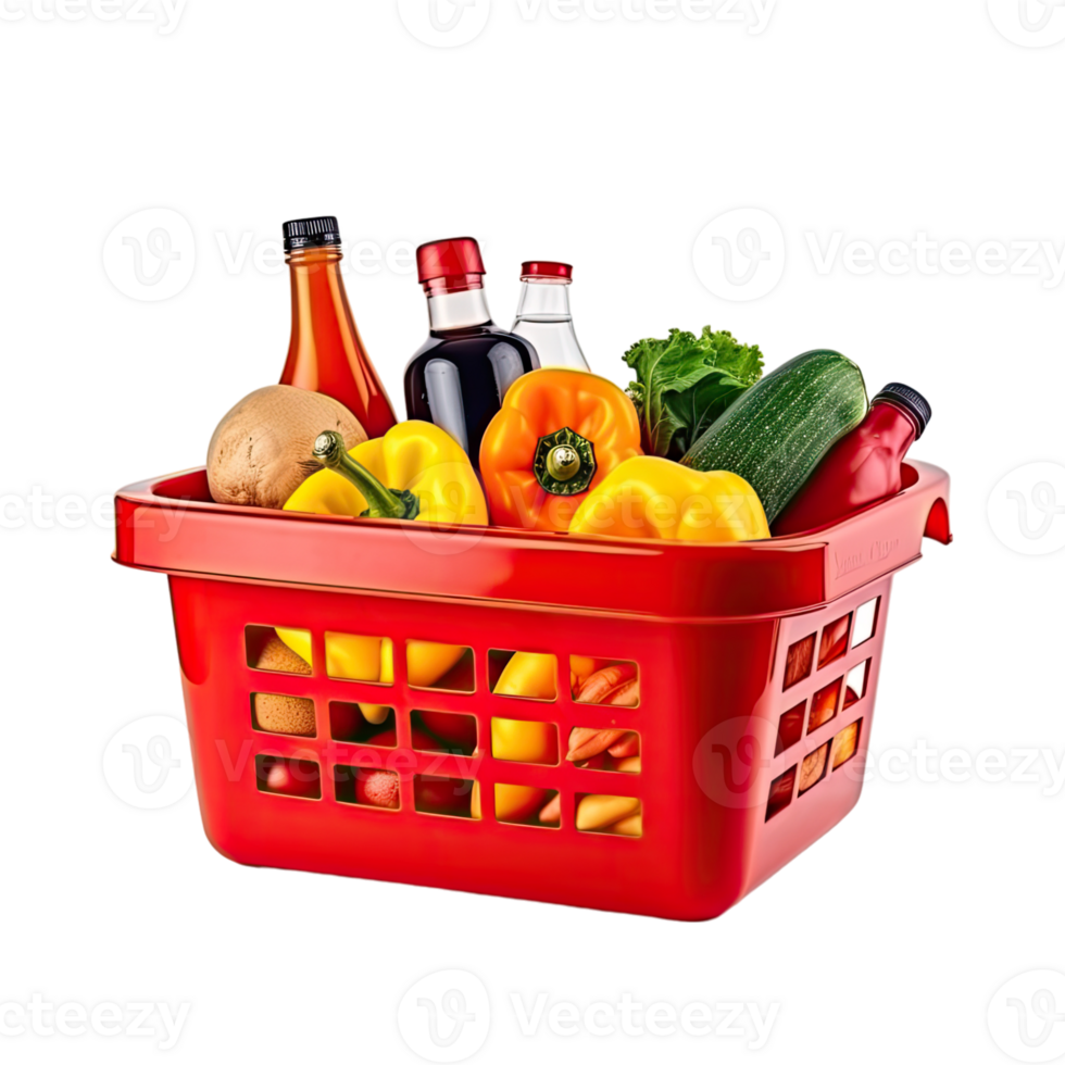 Red shopping basket full of food and groceries without background png