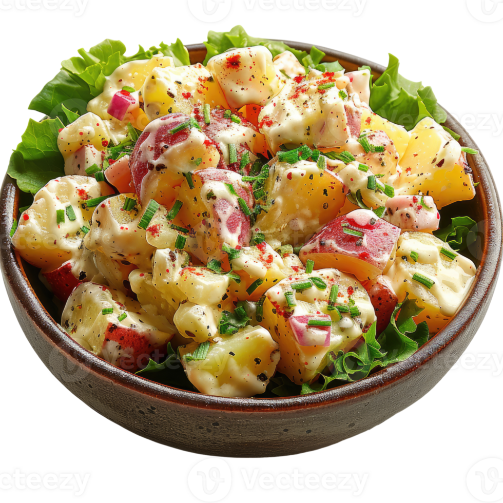 Traditional salad of salted herring fillet, fresh apples, red onion and potatoes without background png