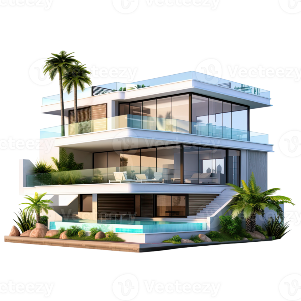 A double story house with modular design isolated on transparent background png
