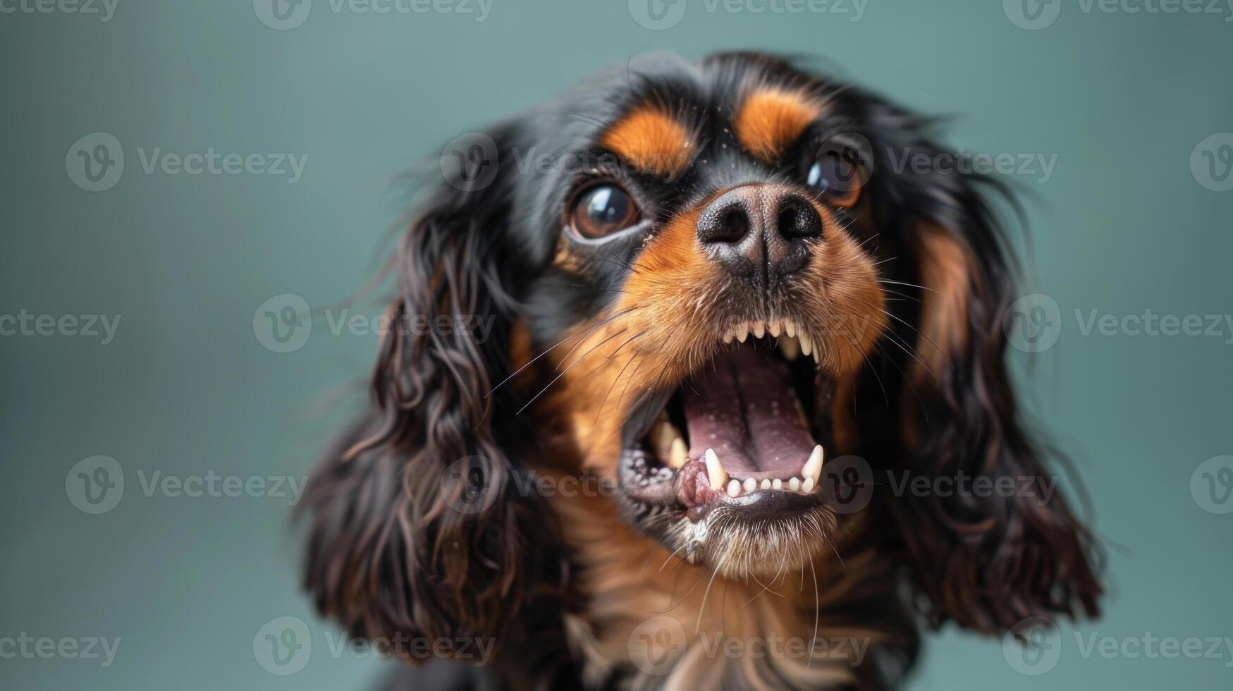 Cavalier King Charles Spaniel, angry dog baring its teeth, studio lighting pastel background photo