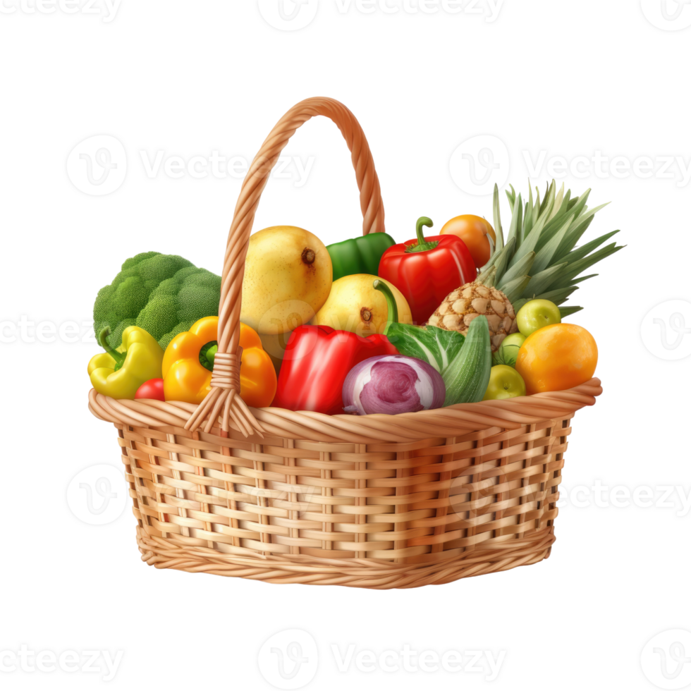 Basket full of assorted grocery products isolated on transparent background, without background . png