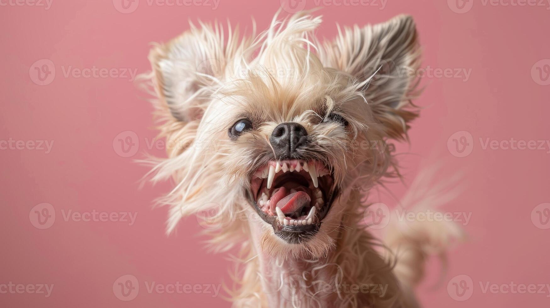 Chinese Crested, angry dog baring its teeth, studio lighting pastel background photo