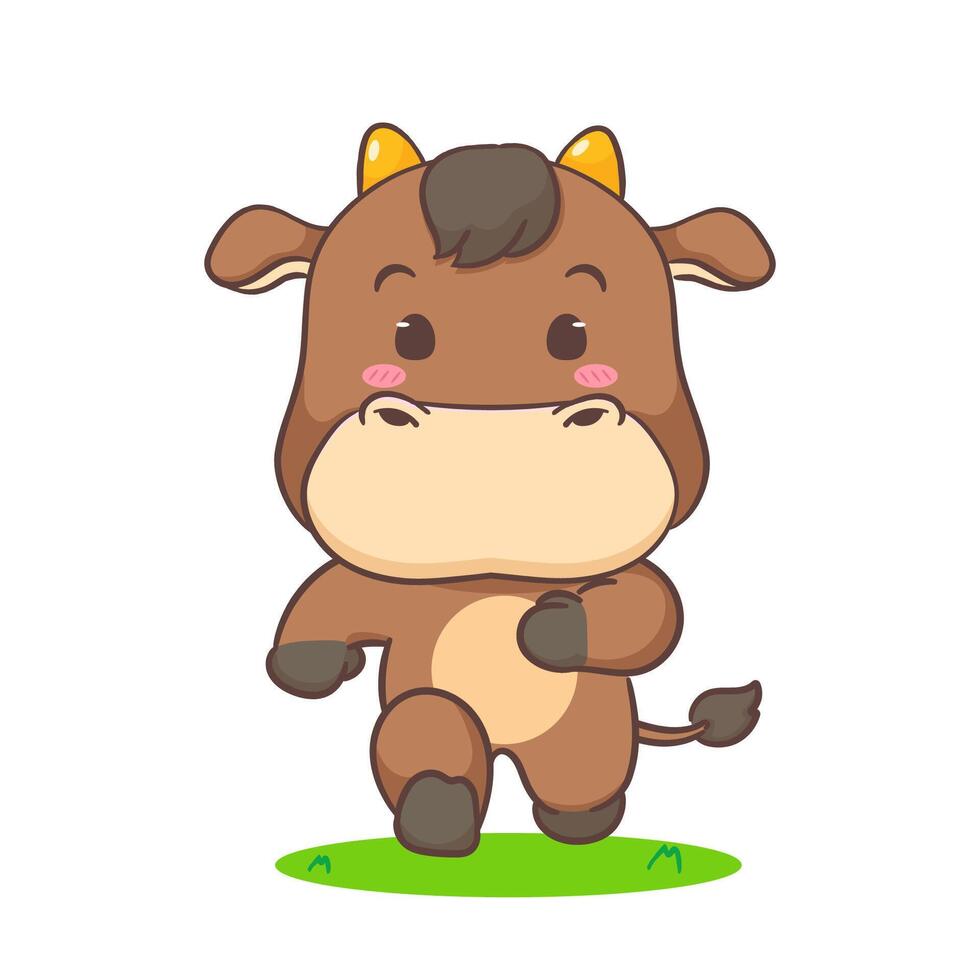 Cute buffalo cow running cartoon character. Adorable kawaii animals concept design. Hand drawn style illustration. Isolated white background. vector