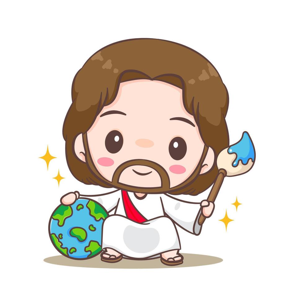 Cute Jesus Christ cartoon character creating the earth. Hand drawn Chibi character, clip art, sticker, isolated white background. Christian Bible for kids. Mascot logo icon art illustration vector