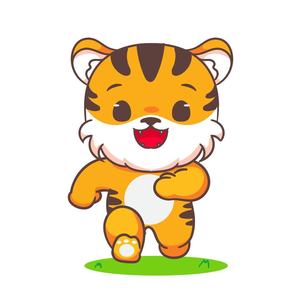 linda Tigre corriendo dibujos animados personaje. adorable kawaii animales concepto diseño. mano dibujado estilo ilustración. aislado blanco antecedentes. vector