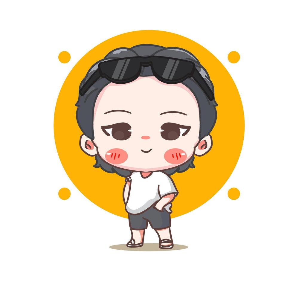 Cute boy posing hand in pocket cartoon character. Korean style fashion. People expression concept design. Chibi illustration. Isolated white background vector