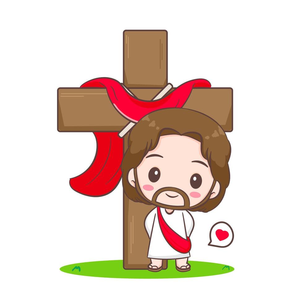 Cute Jesus Christ standing in front of cross cartoon character. Christian religion concept design. Hand drawn clip art sticker Isolated white background. Art illustration vector