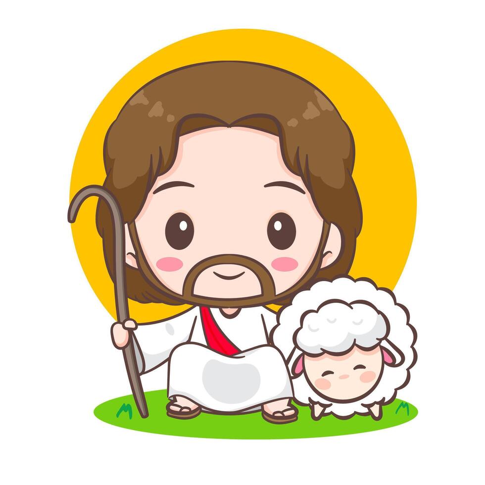 Cute Jesus Christ and the sheep cartoon. Hand drawn Chibi character isolated white background. Christian Bible for kids. Mascot logo icon art illustration vector