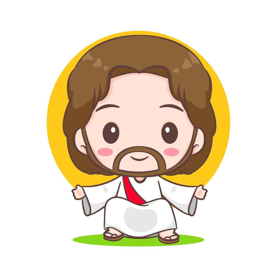 Cute Jesus Christ sitting cartoon character. Hand drawn Chibi character, clip art, sticker, isolated white background. Christian Bible for kids. Mascot logo icon art illustration vector