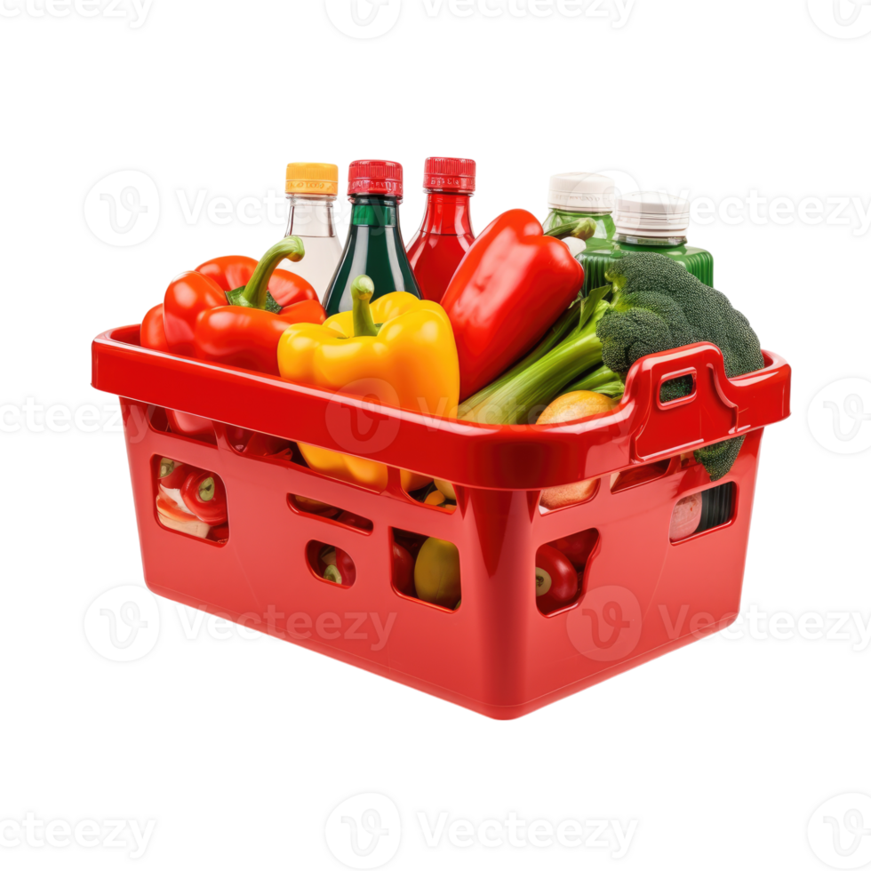 Red shopping basket full of food and groceries without background png