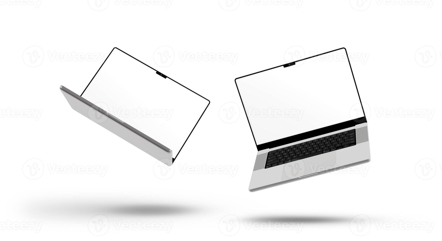 two laptop flying on white background photo