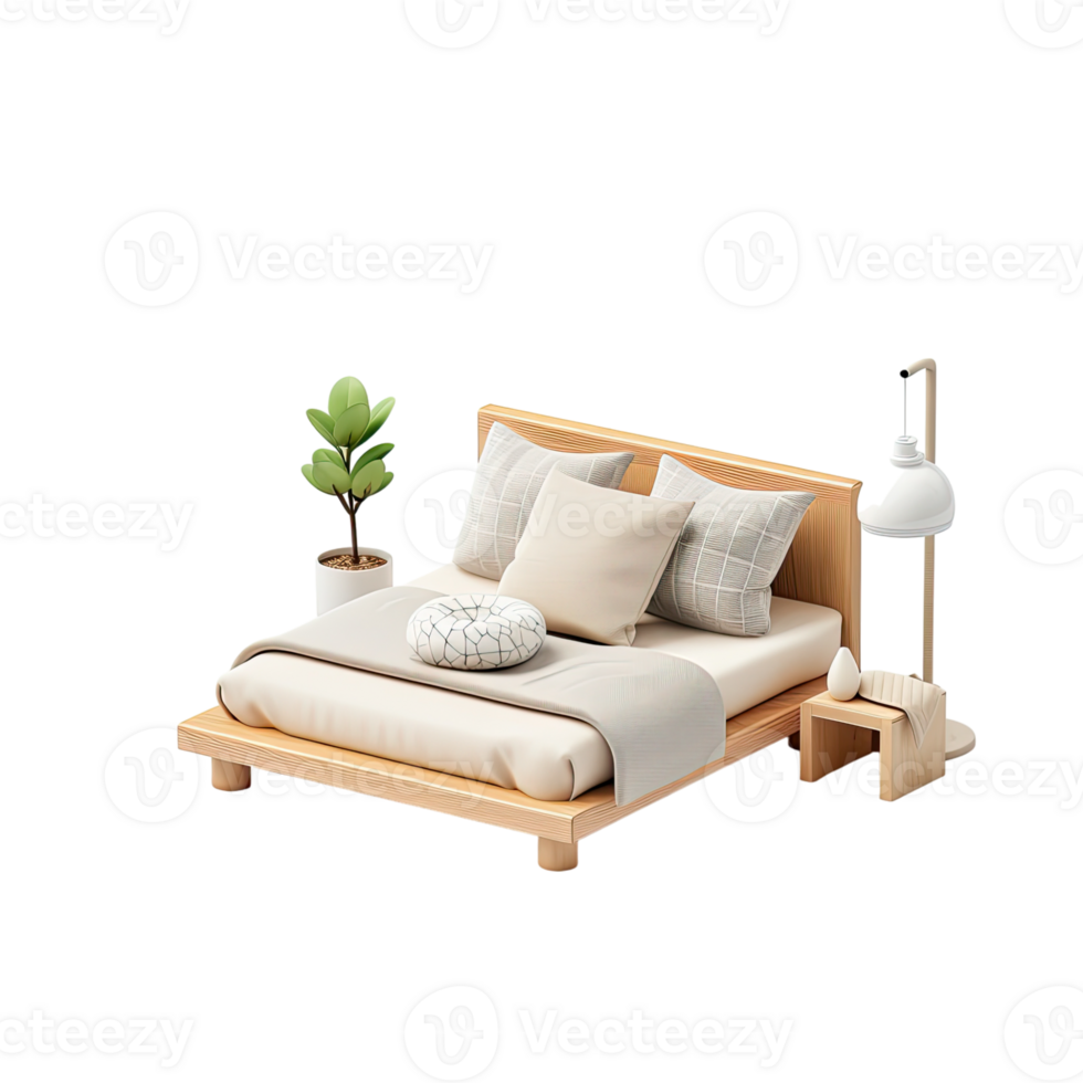 Schlafzimmer mit groß Bett und Weiß Bett Leinen, modern stilvoll Bett isoliert im transparent Hintergrund png