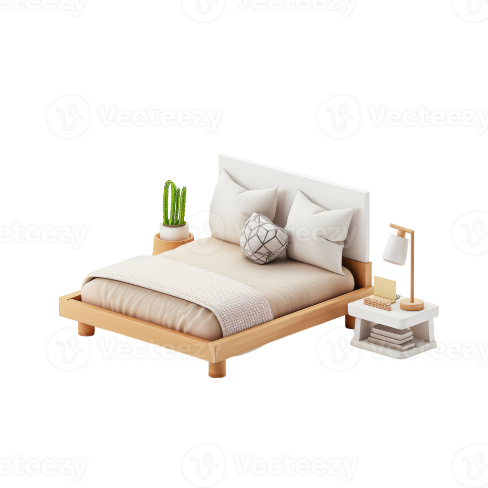 bedroom with large bed and white bed linen, Modern stylish bed isolated in transparent background png