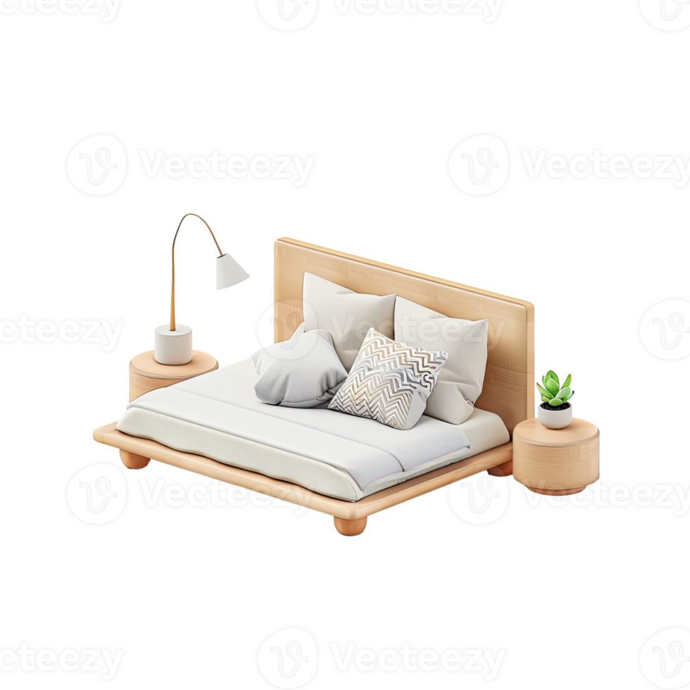 bedroom with large bed and white bed linen, Modern stylish bed isolated in transparent background png