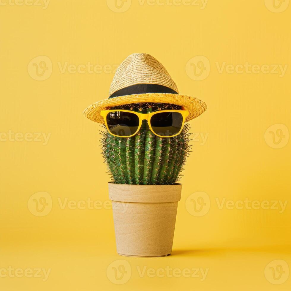 Stylish Cactus Wearing Sunglasses and Straw Hat. photo