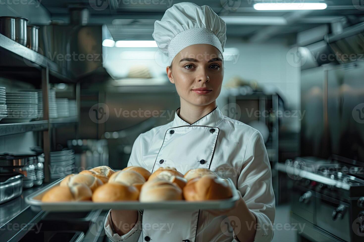 Woman Holding Tray of Bread in Kitchen. photo