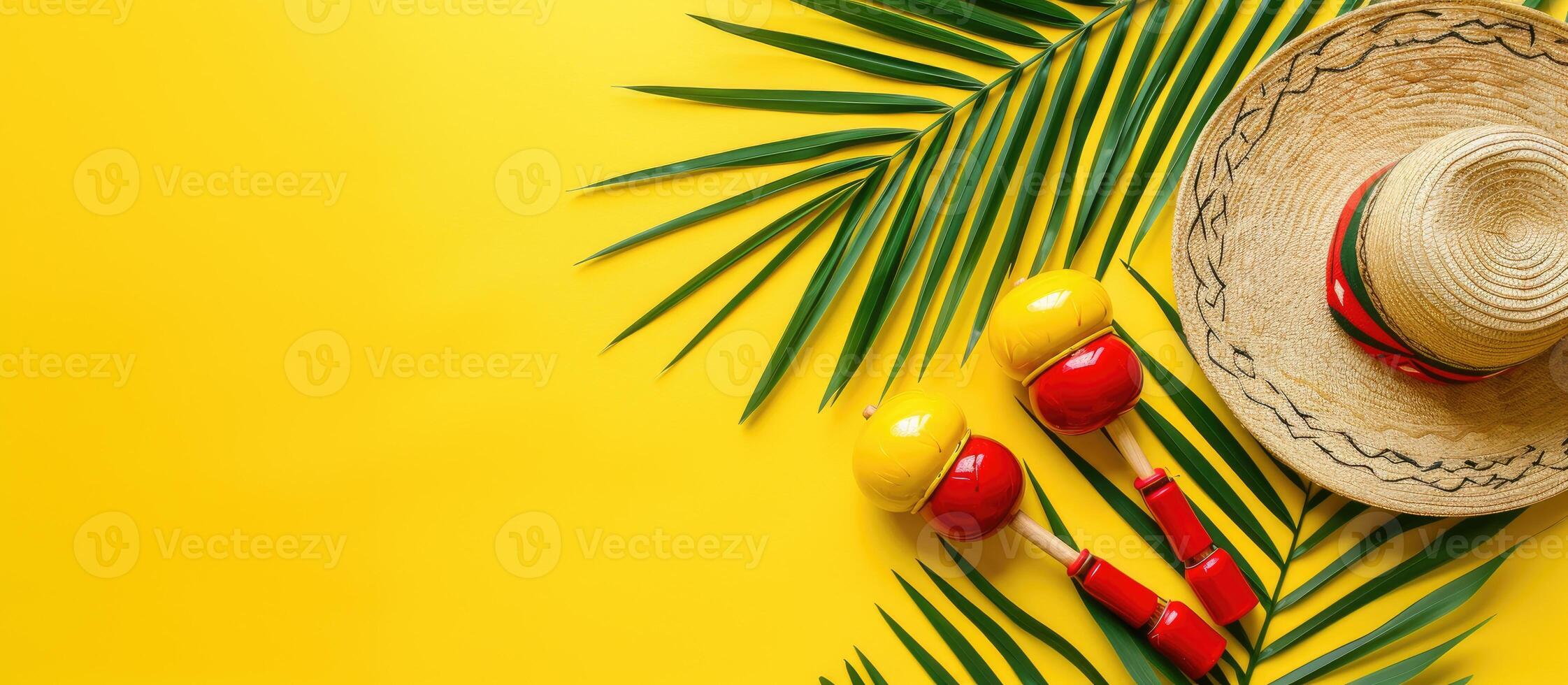 Palm Leaves, Straw Hat, Candy on Yellow Background. photo