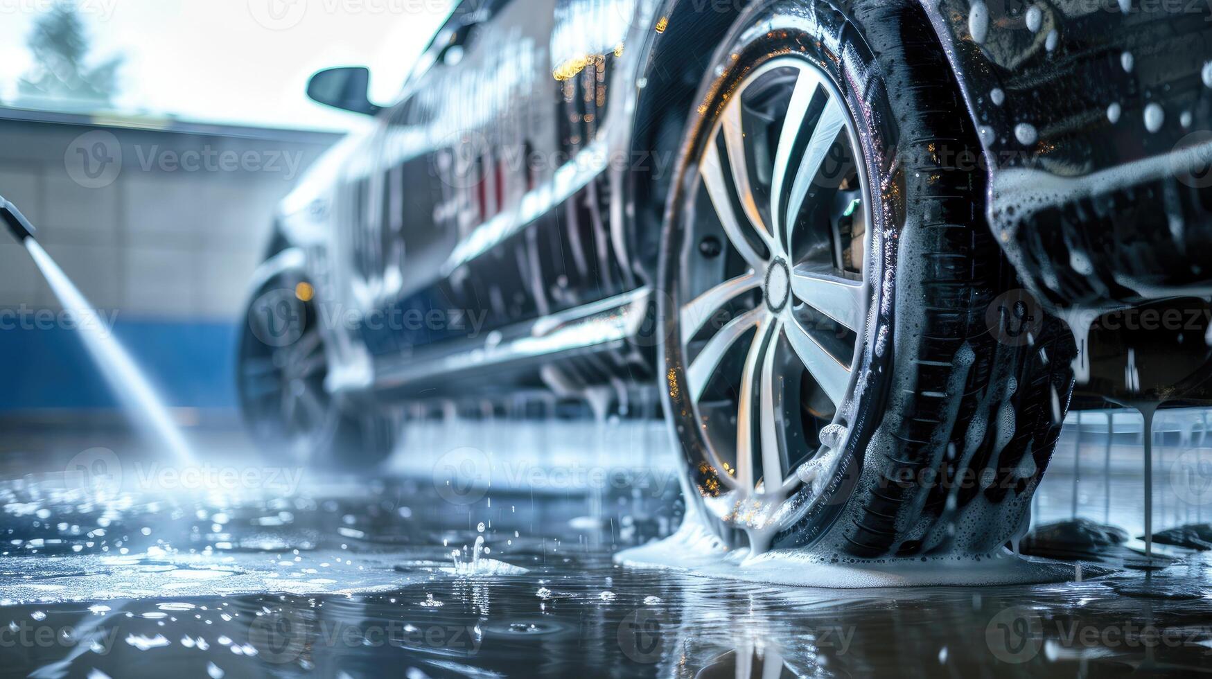 Car Washing Its Tires With Water Hose. photo