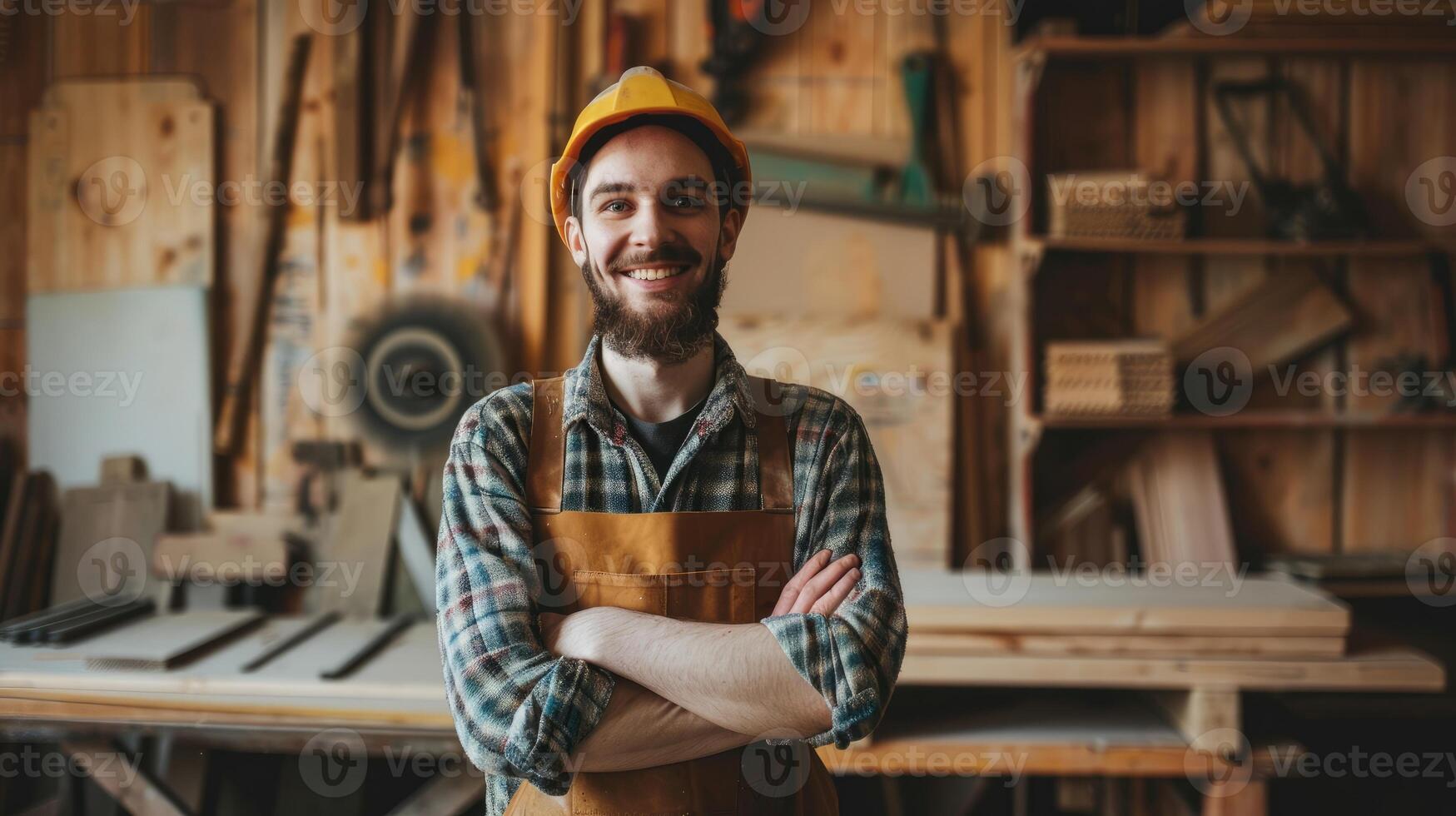 Man Standing With Arms Crossed in Workshop. photo