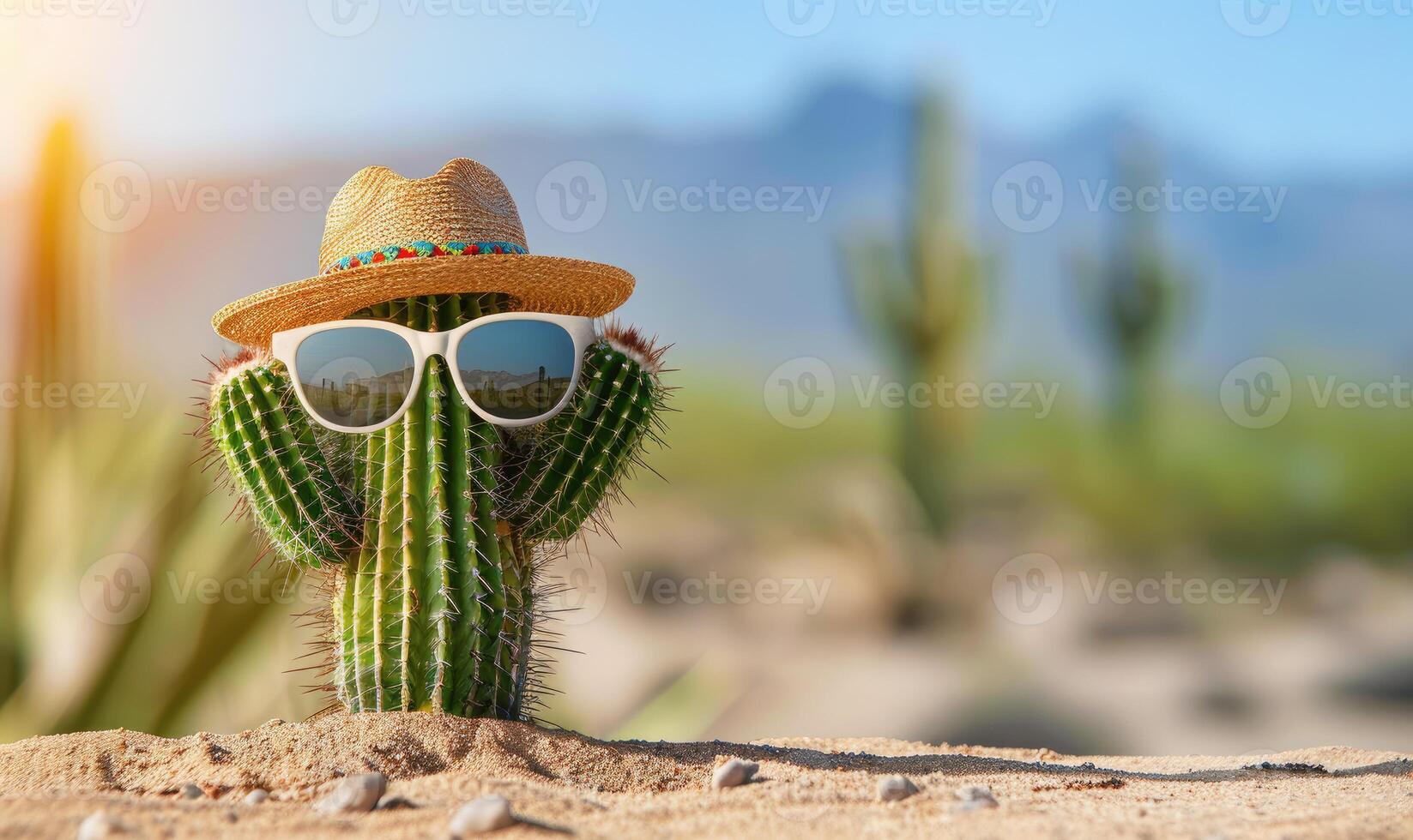 Cactus Wearing Sunglasses and Straw Hat. photo