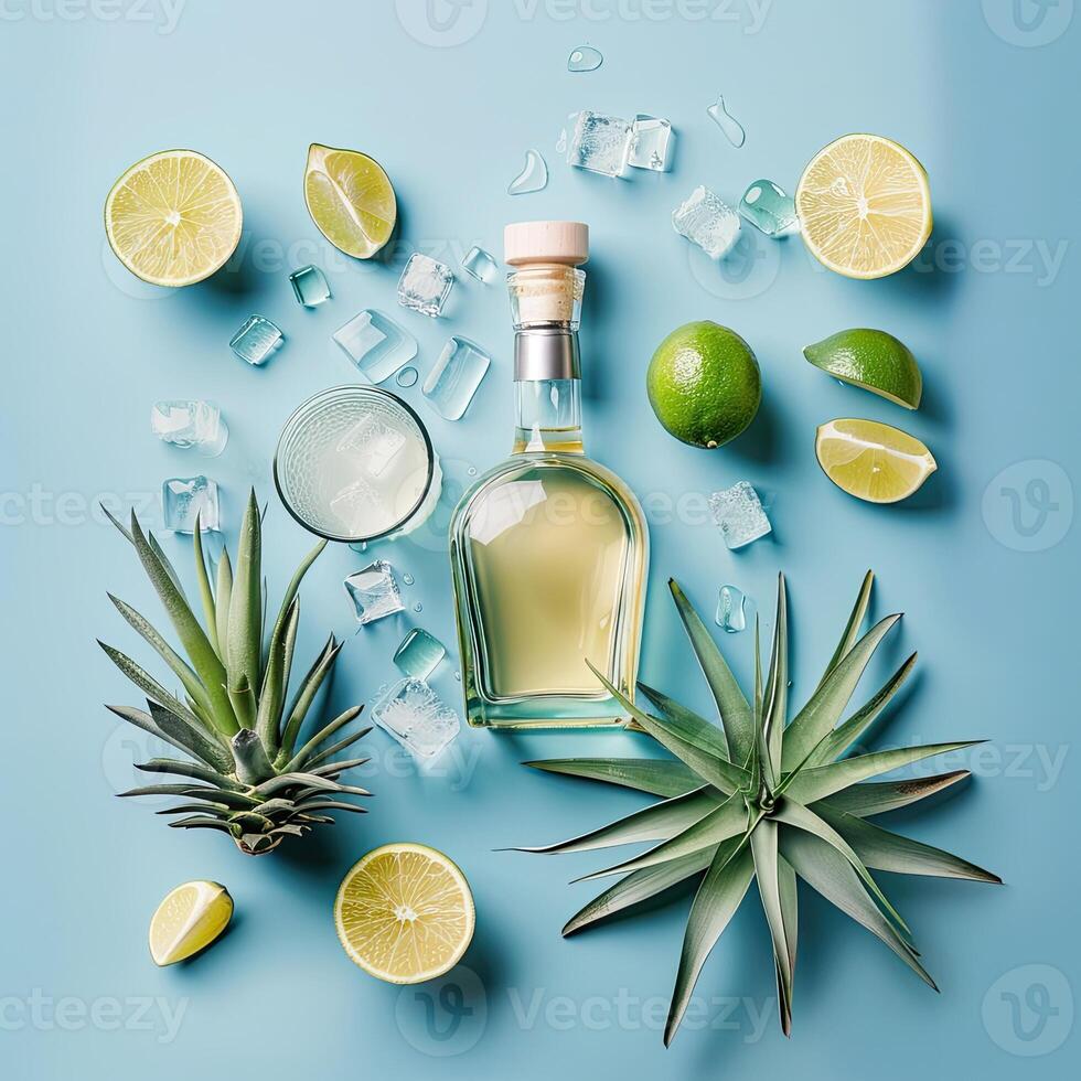 Bottle of Alcohol Surrounded by Lemons, Limes, and Ice Cubes. photo