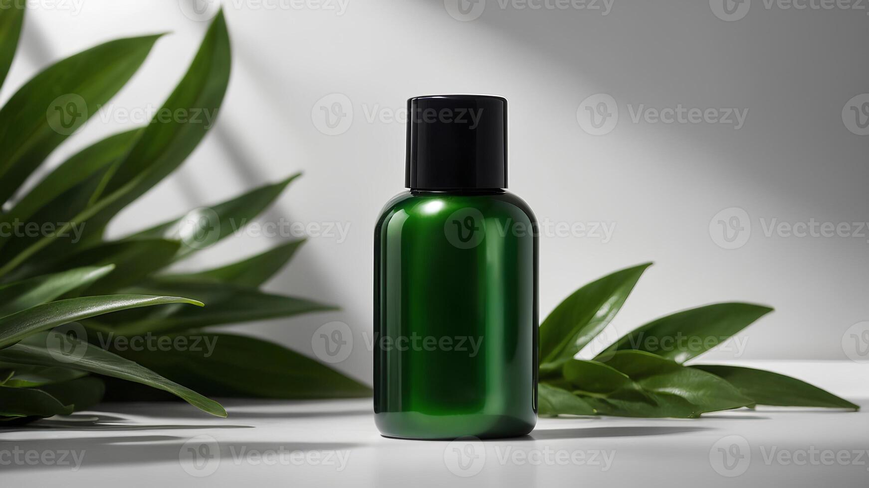 Cosmetics bottle on light background with green leaves. Organic natural ingredients beauty product. Skin care, beauty and spa product presentation photo