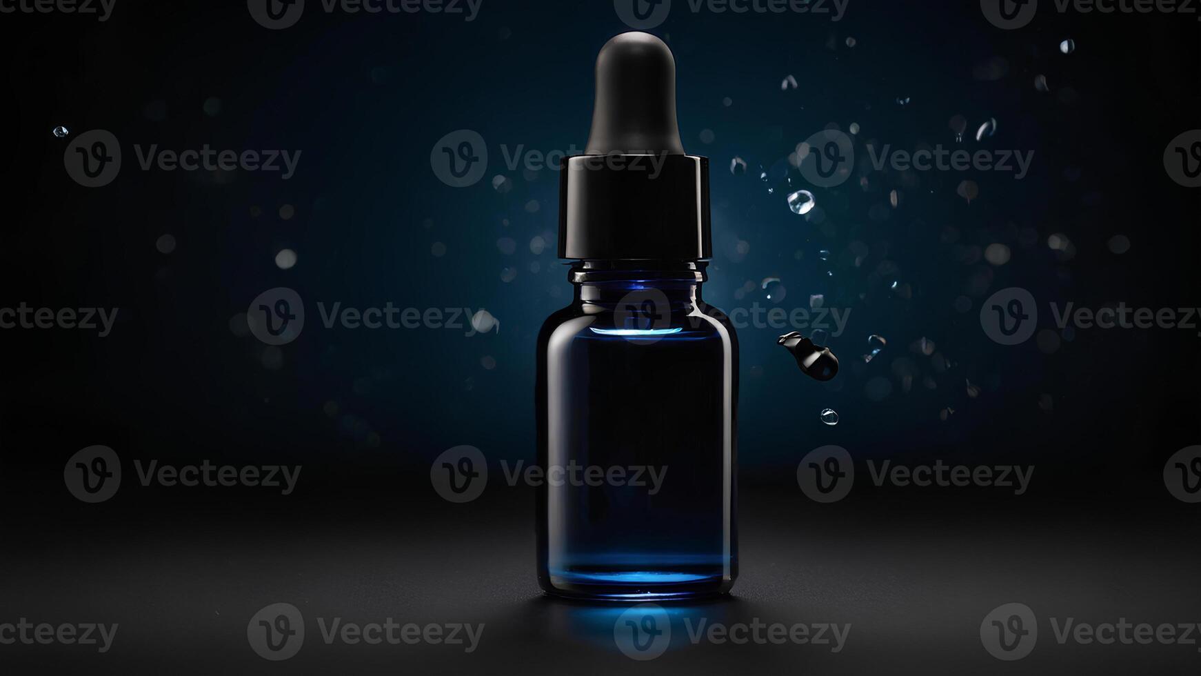 Black glass serum dropper bottle on black background. Cosmetic oil pipette drop container, beauty product vial. Natural face treatment. Beauty and body care product concept. photo