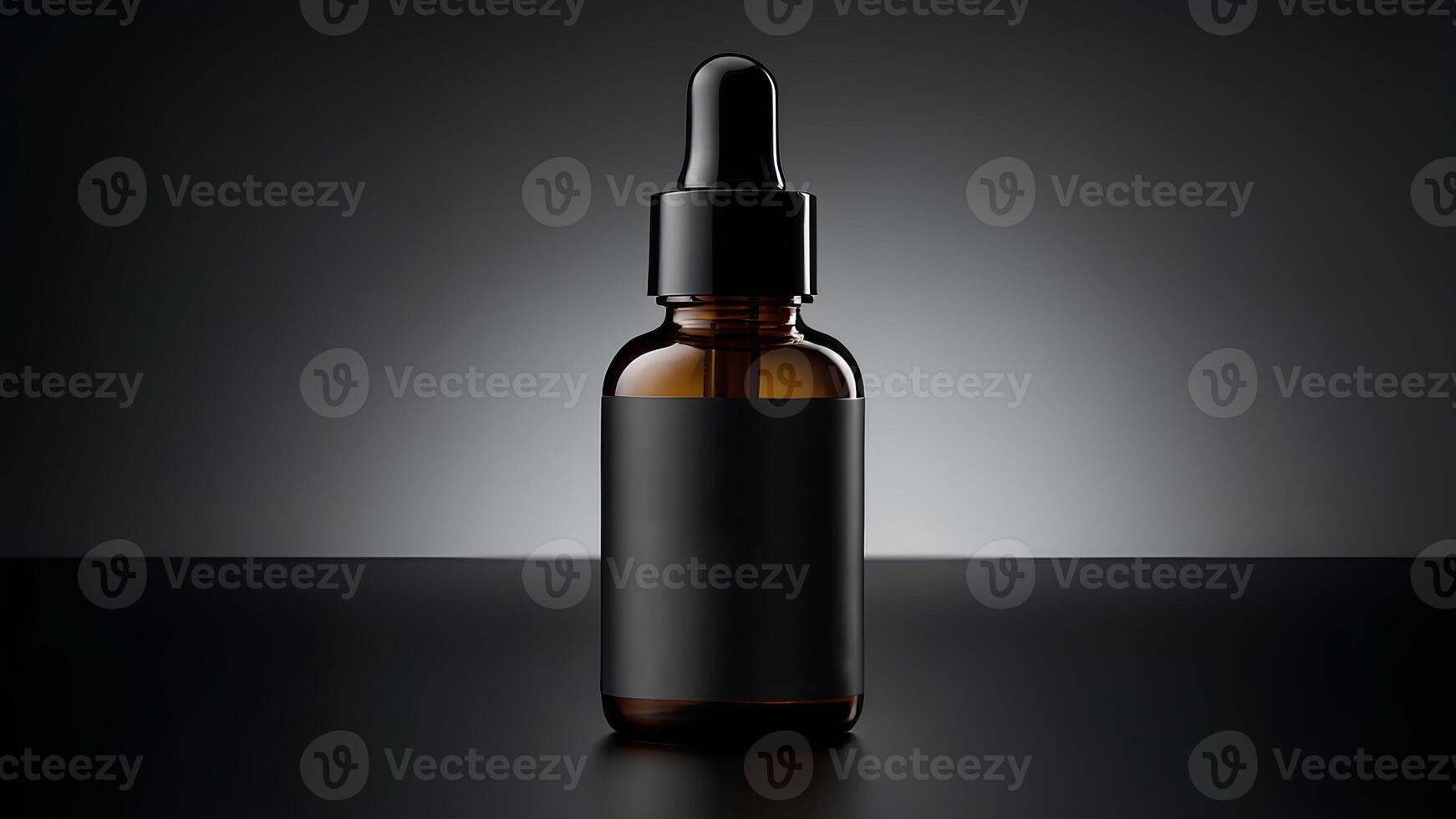 Black glass serum dropper bottle on black background. Cosmetic oil pipette drop container, beauty product vial. Natural face treatment. Beauty and body care product concept. photo