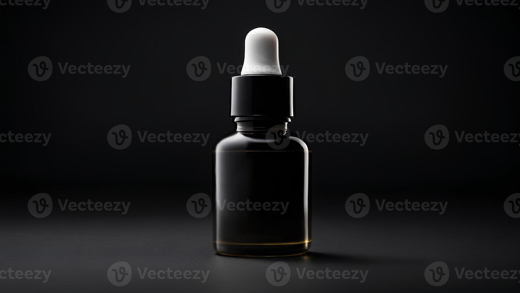 Black glass serum dropper bottle on black background. Cosmetic oil pipette drop container, beauty product vial. Natural face treatment. Beauty and body care product concept. photo