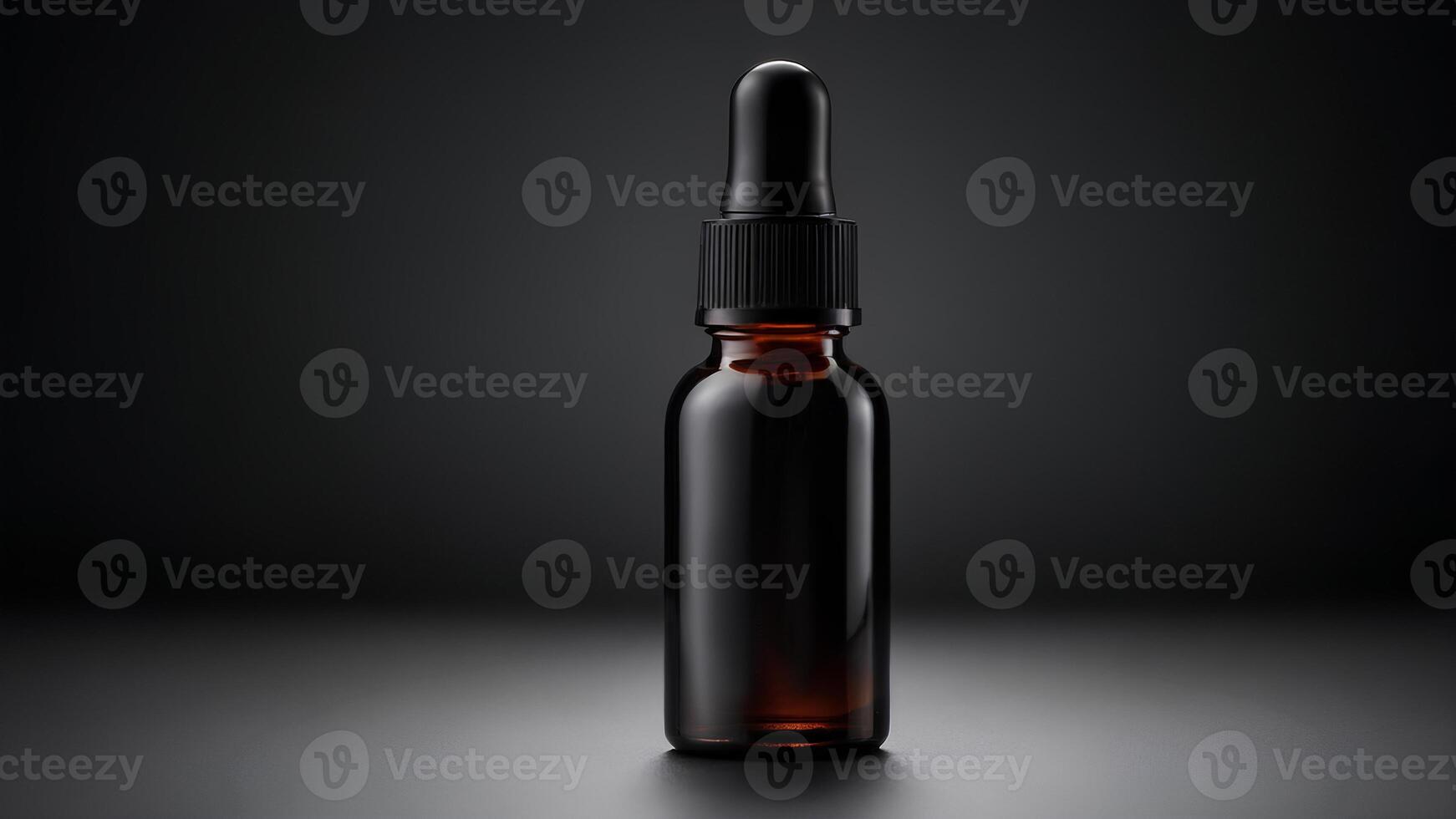 Black glass serum dropper bottle on black background. Cosmetic oil pipette drop container, beauty product vial. Natural face treatment. Beauty and body care product concept. photo