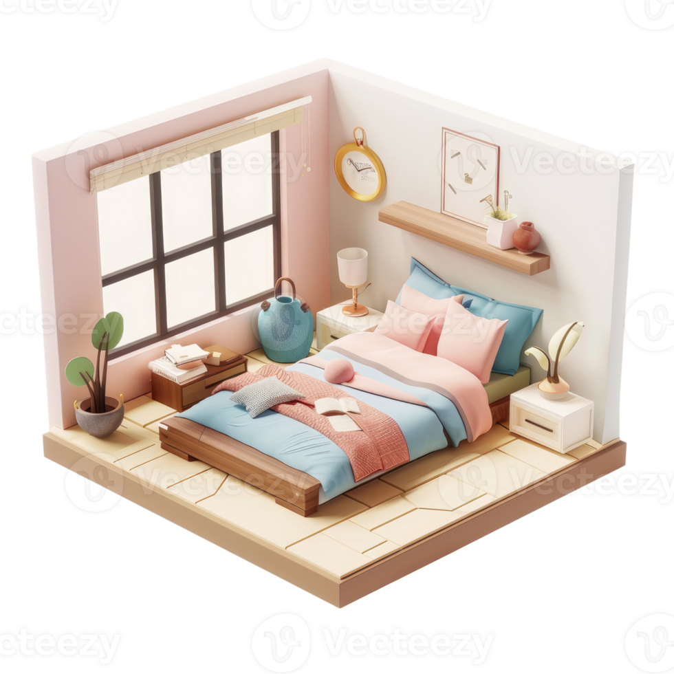 bedroom with large bed and white bed linen, Modern stylish bed isolated in transparent background png