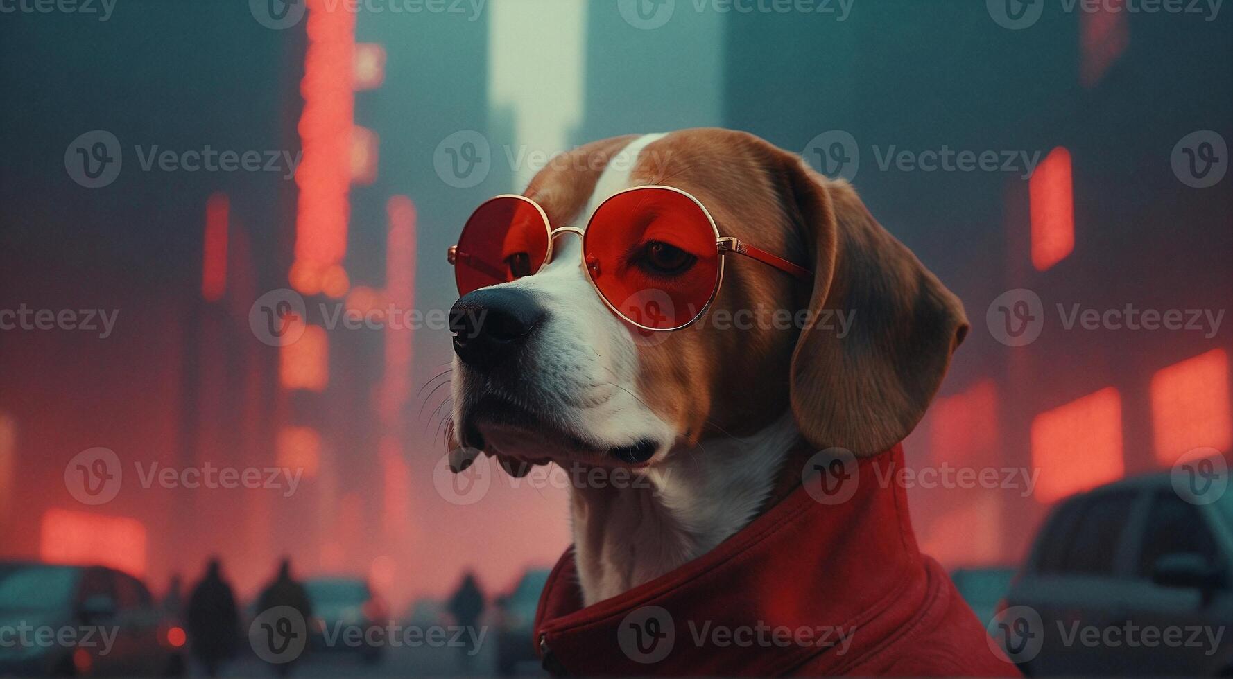 a dog wearing red sunglasses in the city photo