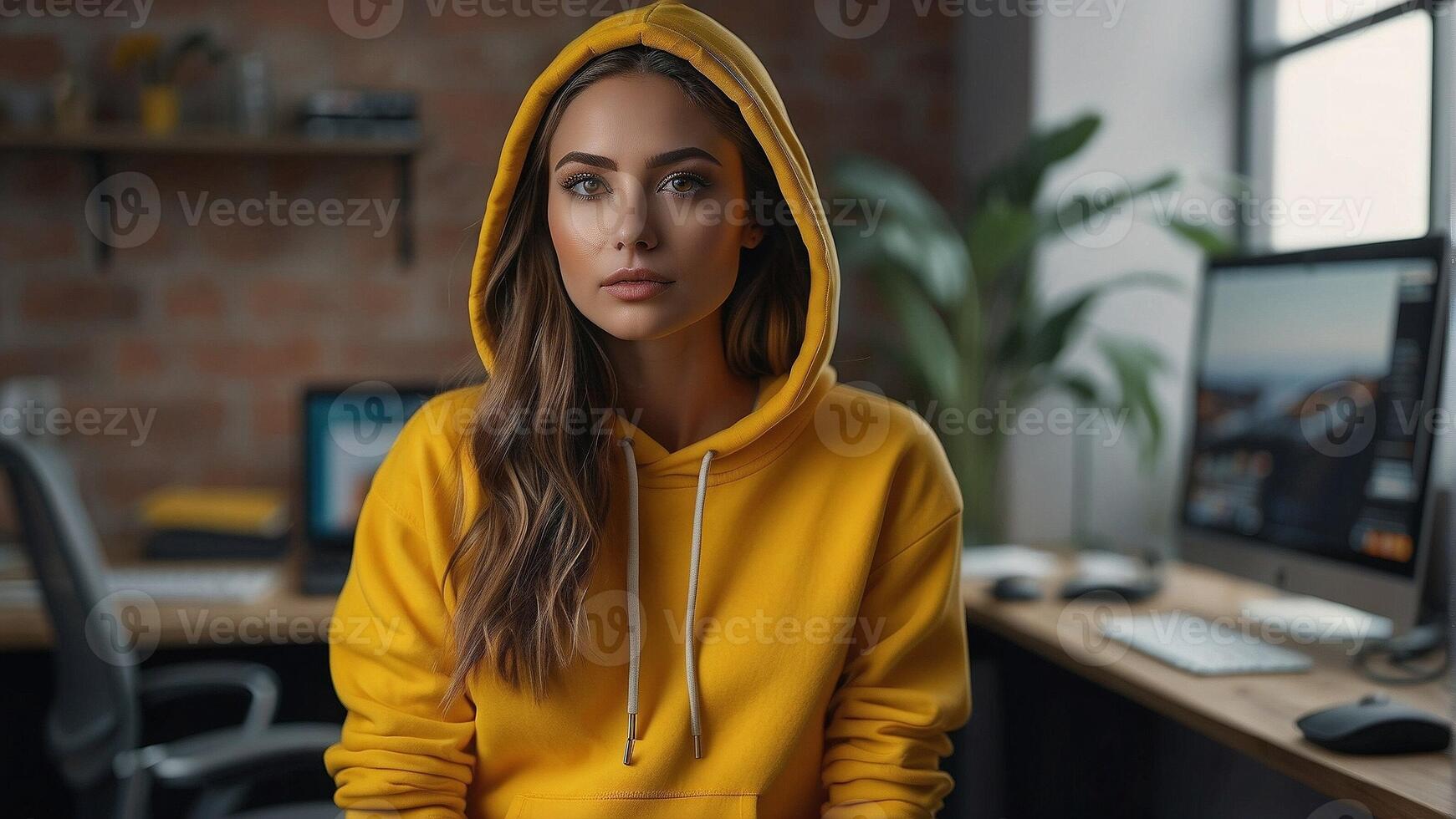 a woman in a yellow hoodie sitting in front of a computer photo