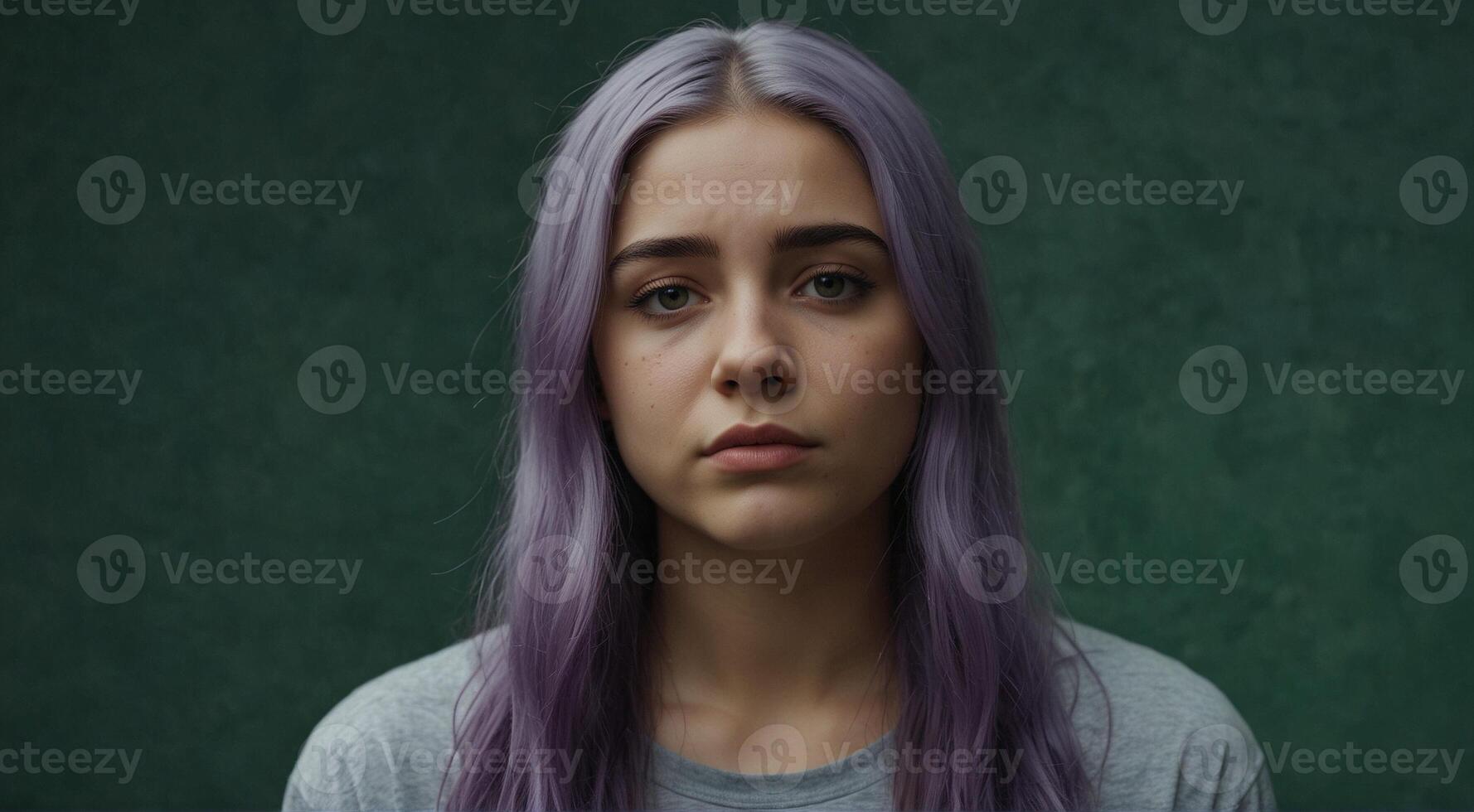 a sad looking woman with purple hair photo