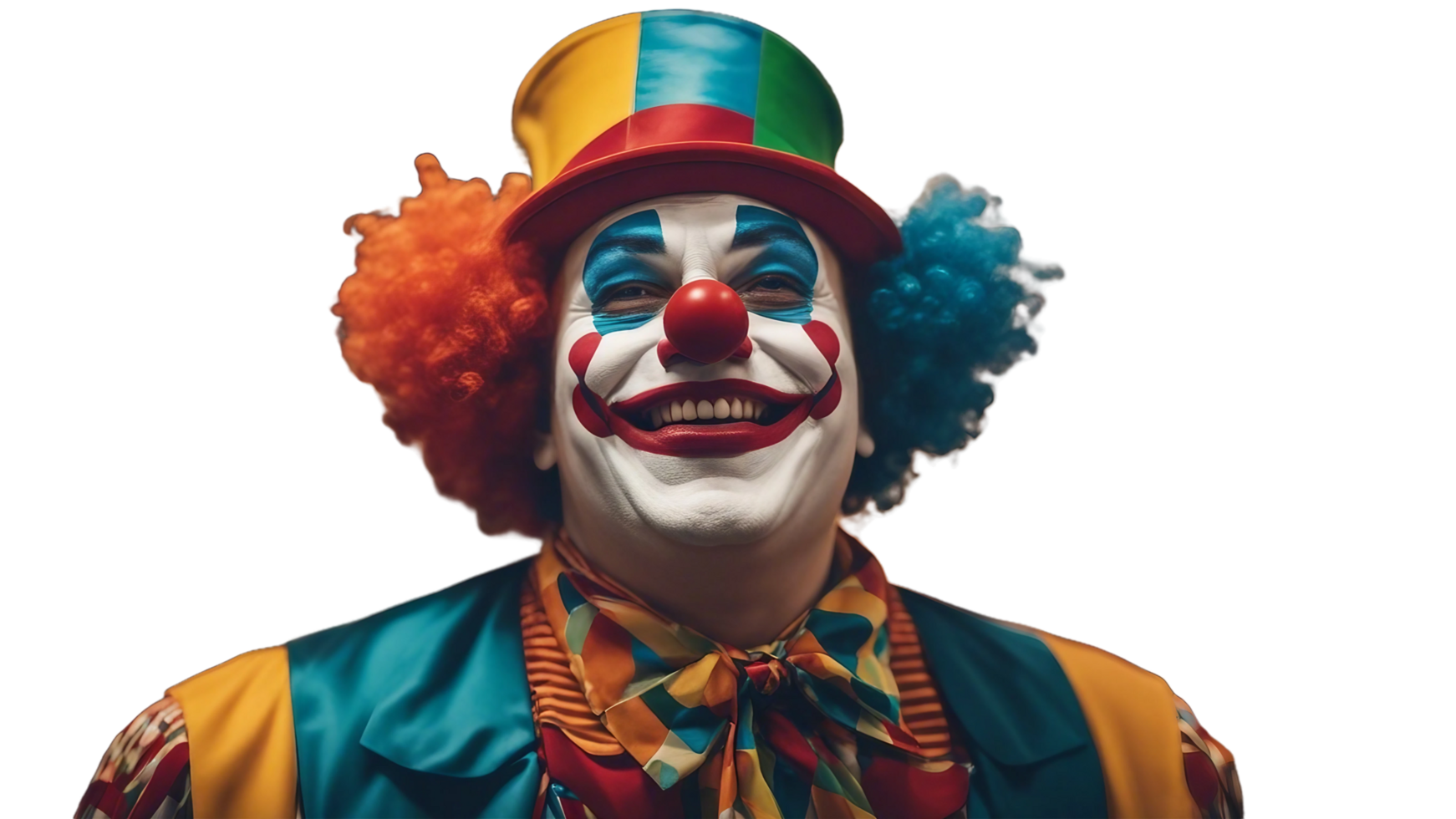a clown with a colorful wig and a bright red nose png
