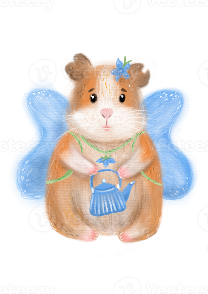 Cute guinea pig as a flower fairy character with vintage teapot. Children illustration for cards, design, t shirt, print. png