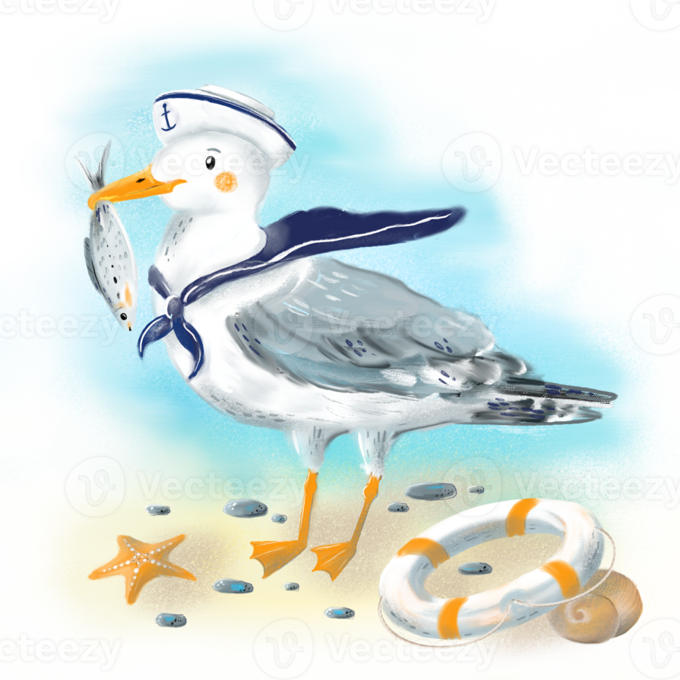 Summer colorful cute sailor seagull with fish on a beach with starfish, lifebuoy, stones. Seaside holiday vacation travel print, poster, card or background. png