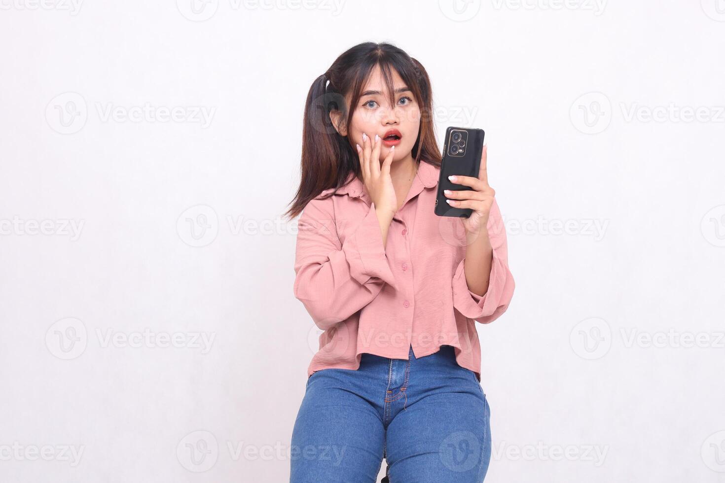 Business, finance and work Improvement projects successful Asian businessman cheerful professional stylish woman holding mobile phone shocked looking at camera on white background photo