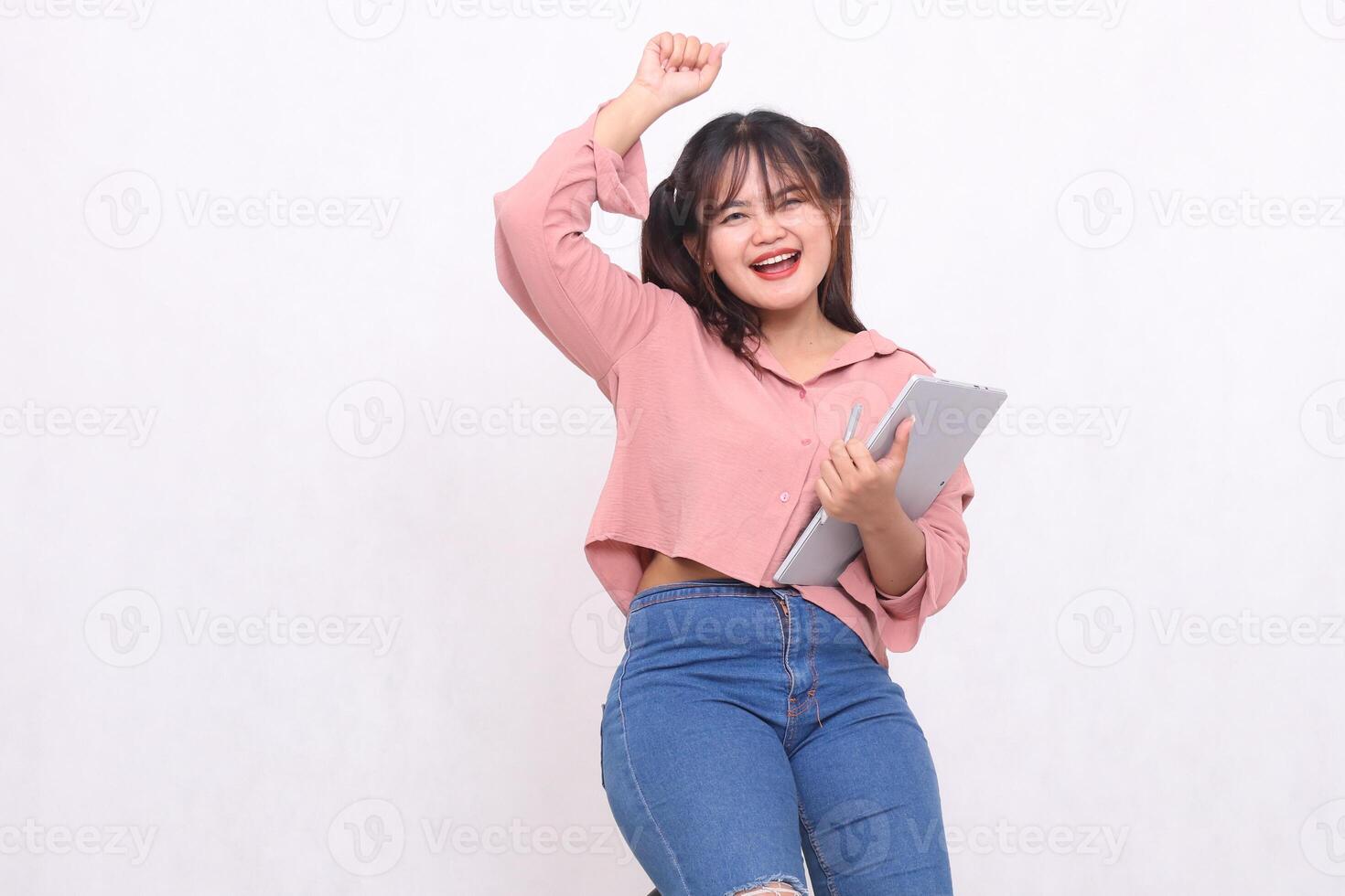 Business, finance and work Improvement projects successful Asian businessman cheerful stylish professional woman using laptop smiling operating notebook happy saying yes on white background photo