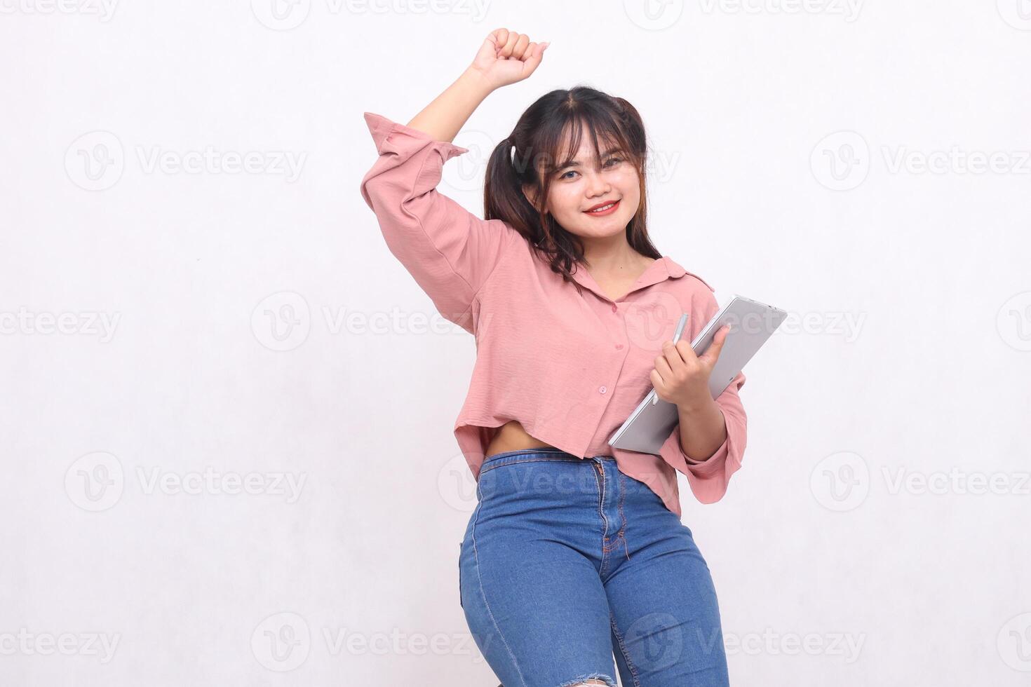 Business, finance and work Improvement projects successful Asian businessman cheerful professional stylish woman using laptop smiling operating notebook saying yes on white background photo