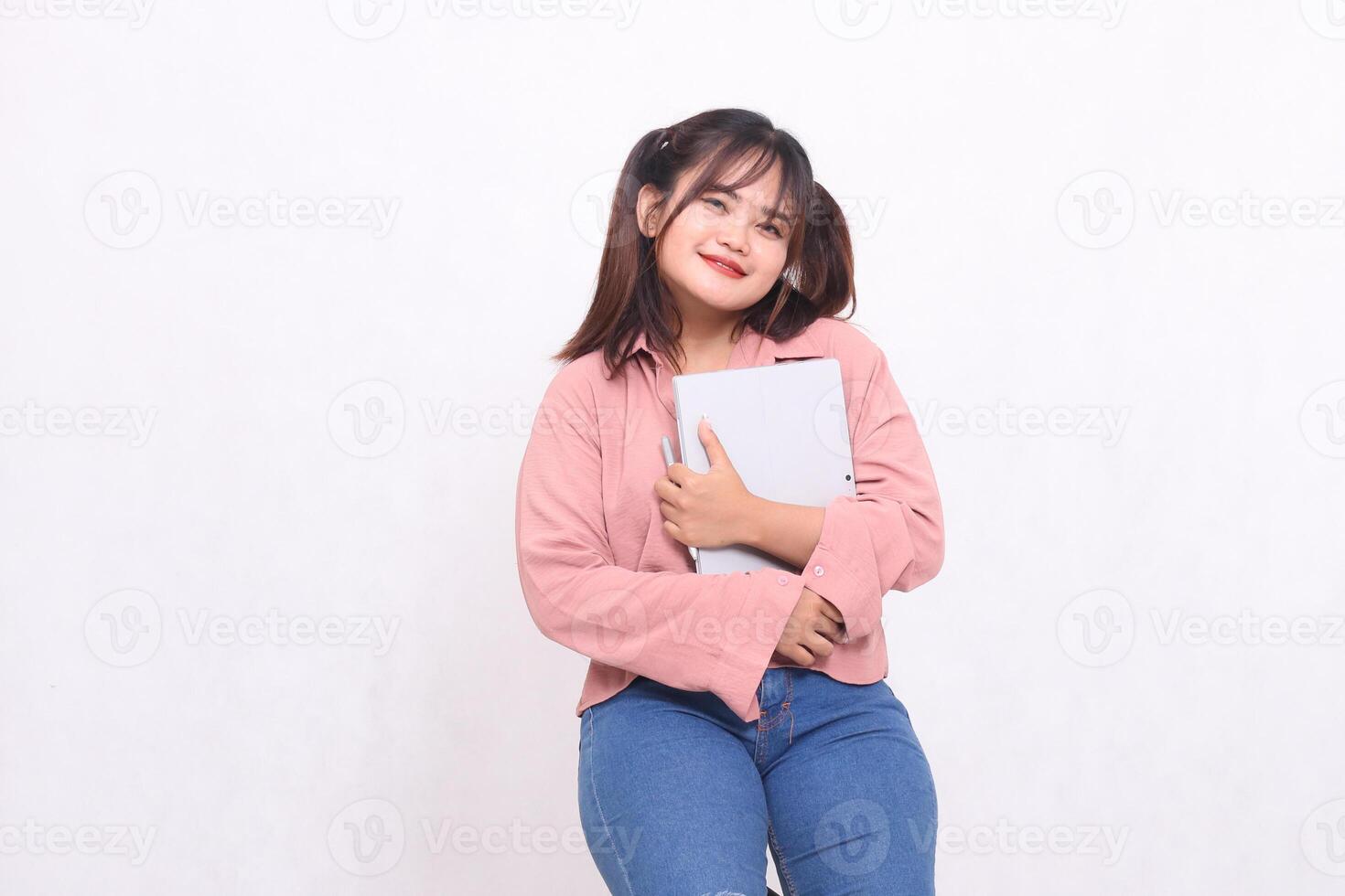 Business, finance and work Improvement projects successful Asian businessman cheerful professional stylish woman using laptop graceful smile hugging notebook on white background photo