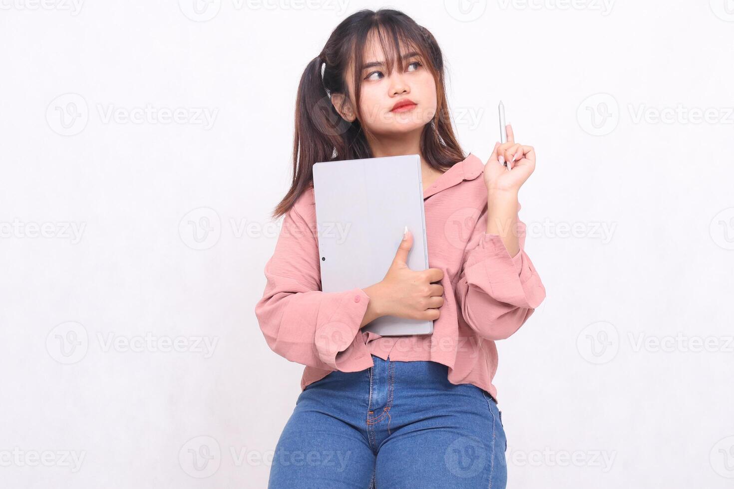 Business, finance and work Improvement project successful Asian indonesia businessman cheerful professional stylish woman using laptop smile hugging notebook looking left on white background photo